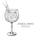 Aperol spritz cocktail, hand drawn alcohol drink with orange slice and ice. Vector illustration Royalty Free Stock Photo