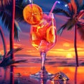 Aperol Spritz Cocktail on Neon Background, Tropical Mocktail, Beach Party Aperol Spritz Coctail
