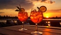 Aperol spritz cocktail on wooden table with stunning beach sunset backdrop copy space available Royalty Free Stock Photo