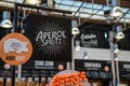 Aperol Spritz logo at specialty bar at Time Out Market Lisbon Royalty Free Stock Photo