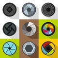 Aperture of photocamera icons set, flat style