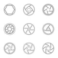 Aperture of photocamera icons set, outline style