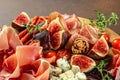 apetizer platter. dry cured ham, prosciutto slices with figs and cheese. Delicious balanced food concept Royalty Free Stock Photo