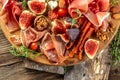 Appetizer platter. dry cured ham, prosciutto slices with figs and cheese. Delicious balanced food concept Royalty Free Stock Photo