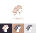 Aphrodite or Venus. Woman face logo. Emblem for a beauty or yoga salon. Style of harmony and beauty. Vector illustration