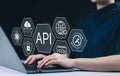 API Application Programming Interface Concept. A person types on laptop, with digital icons representing API development, security Royalty Free Stock Photo