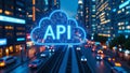 API, Application Programming Interface icon concept. Software development tool, City background Royalty Free Stock Photo