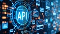 API, Application Programming Interface icon concept. Software development tool, City background Royalty Free Stock Photo