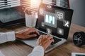API - Application Programming Interface, Man using laptop computer with touch screen interface and select API icon Royalty Free Stock Photo