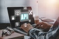API - Application Programming Interface, Man using laptop computer with touch screen interface and select API icon, Software Royalty Free Stock Photo