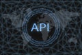 API - Application Programming Interface. Software development tool. API  inscription on a dark background and a world map Royalty Free Stock Photo