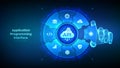 API. Application Programming Interface. Software development tool, cloud computing technology concept. Wireframe hand places an Royalty Free Stock Photo