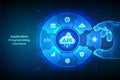 API. Application Programming Interface. Software development tool, cloud computing technology concept. Wireframe hand places an Royalty Free Stock Photo