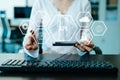 API Application Programming Interface, woman using laptop, tablet and smartphone with virtual screen API icon Software development Royalty Free Stock Photo
