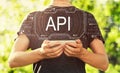 API concept with man holding his smartphone Royalty Free Stock Photo