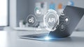 API Software Development Concept, Modern Business Technology Integration with Laptop and Blue Light Glow. Royalty Free Stock Photo