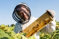 apiarist in beekeeping suit holding honeycomb