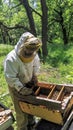 An apiarist inspects a beehive framed by lush greenery in a vibrant spring setting. The focus and care in maintaining