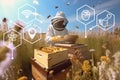 Apiarist works in apiary, beehives on field with flowers and wildflowers, illustration and augmented reality. Generative AI