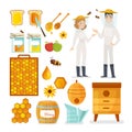 Apiarists, bees and honey flat vector illustrations set