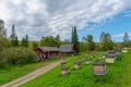 Apiary in the Altai mountains with houses for bees bright day.