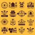 Apiary badges. Labels or logos for honey products natural healthy eco food stamps vector set Royalty Free Stock Photo