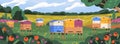 Apiary with bee hives and flying honeybees. Summer rural countryside landscape panorama with beehives boxes, garden