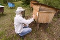 An apiary. Beekeeper numbering hives