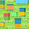 Apiary with bees and hives. In the meadow with green grass and blooming daisies and dandelions. Seamless pattern. Vector Royalty Free Stock Photo