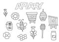 Apiary bees and honey elements hand drawn set. Coloring book template.