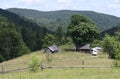 Apiary farm in Carpathians. Wooden house barn car parked, Ukraine