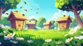 The apiary is a honey bee farm with wooden hives on a summer meadow. Modern illustration of spring landscape with a Royalty Free Stock Photo