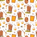 Apiary honey bee houses seamless pattern vector illustrations Royalty Free Stock Photo