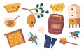 Apiary Items Set. Smoker, Hive, Barrel, Queen And Bee, Honey Dipper Or Frame. These Essential Tools Vector Illustration