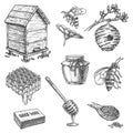 Apiary sketch icons, honey dipper, hive, honeycomb Royalty Free Stock Photo