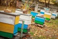 Apiary with wooden old beehives in fall. Preparing bees for wintering. Autumn flight of bees before frosts. Warm weather in apiary