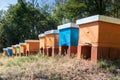 Colorful wooden beehives in  the line. Royalty Free Stock Photo