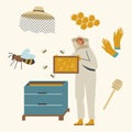 Apiculture, Honey Production, Beekeeping. Beekeeper Character in Protective Suit Caring of Bees Taking Frame with Honey