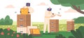 Apiculture, Honey Production, Beekeeping Concept with Beekeeper Characters in Protective Suits Care of Bees Taking Frame