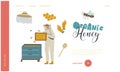 Apiculture, Honey Production, Beekeeping Landing Page Template. Beekeeper Female Character in Protective Suit on Apiary