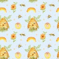 Apiculture. Watercolor Bee Floral seamless pattern with Beehive and jar of honey. The illustration is hand drawn.