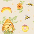 Apiculture. Watercolor Bee Floral seamless pattern with Beehive and jar of honey. The illustration is hand drawn. Royalty Free Stock Photo