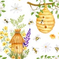 Apiculture. Watercolor pattern with bees and beehive on a tree on a dark blue background. Design for wallpaper, textiles