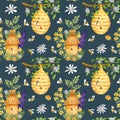 Apiculture. Watercolor pattern with bees and beehive on a tree on a dark blue background. Design for wallpaper, textiles Royalty Free Stock Photo