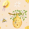 Apiculture. Watercolor pattern with bees and beehive on a tree. Straw hat with ribbon. On black background. Design for Royalty Free Stock Photo