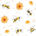 Apiculture. Watercolor seamless pattern with bees and field flowers. Design for wallpaper, textiles and more. On white