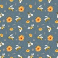 Apiculture. Watercolor seamless pattern with bees and field flowers. Design for wallpaper, textiles and more. On white