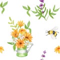 Apiculture. Watercolor seamless pattern with bees and lavender flowers. Bouquet of chamomile and sunflower. Design for