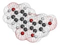 Apigenin yellow herbal dye molecule. 3D rendering. Atoms are represented as spheres with conventional color coding: hydrogen . Royalty Free Stock Photo