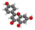 Apigenin yellow herbal dye molecule. 3D rendering. Atoms are represented as spheres with conventional color coding: hydrogen (